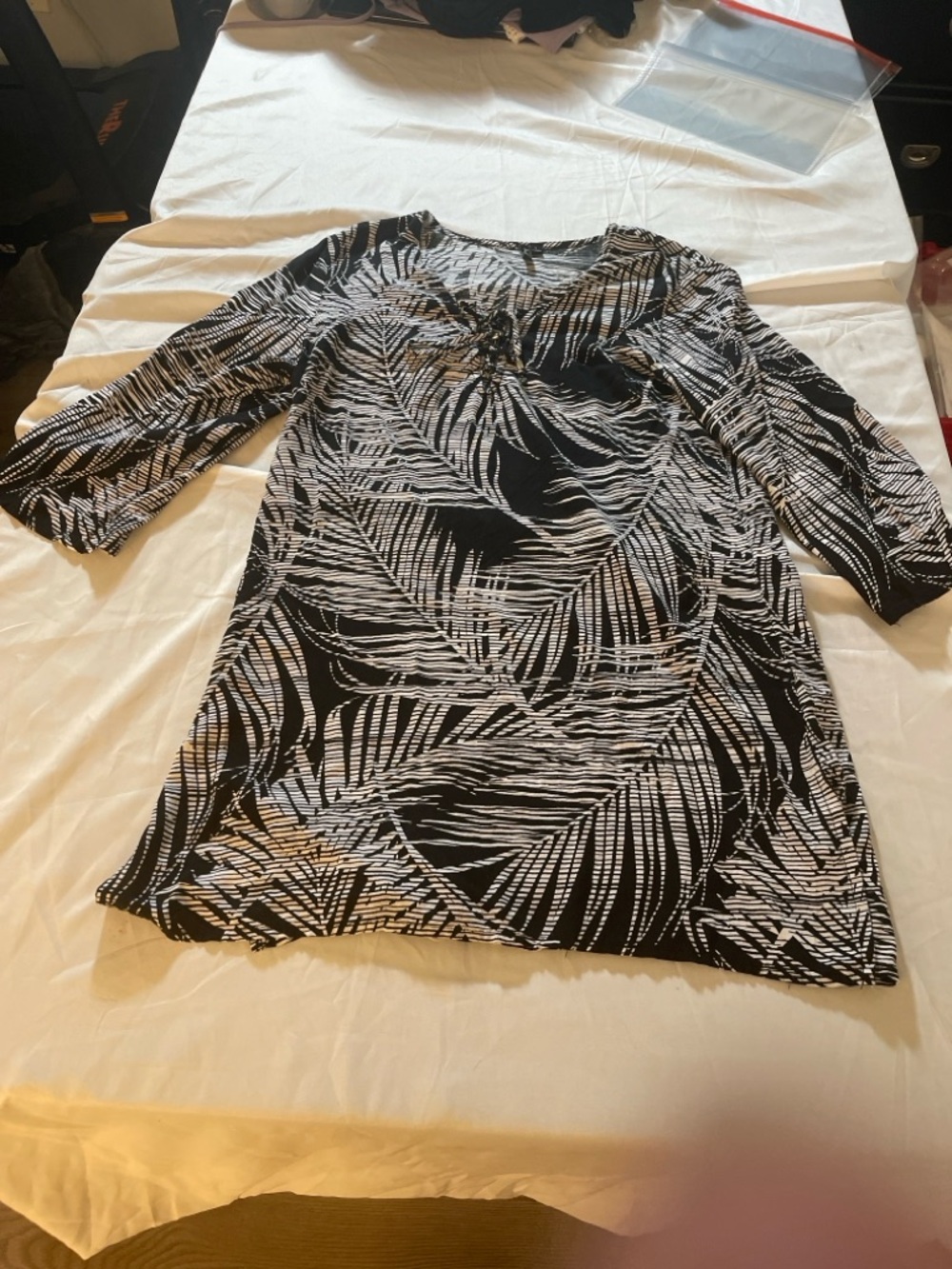 Black & White Palm-Print Mini Dress with Tie Front - Picture 12 of 16